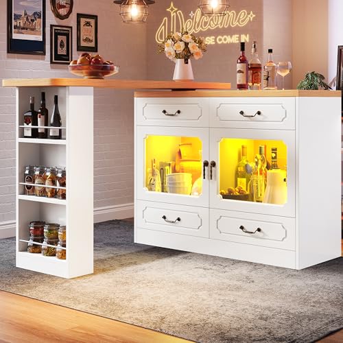 Kebnor Ausziehbarer Bartisch mit Stauraum(135-203×39×92.8cm), 360° drehbare Essbar, geeignet für Schlafzimmer, Wohnzimmer, Esszimmer, Teleskopischer Bartisch mit LED, Hochtisch Kücheninsel (Weiß) von Kebnor