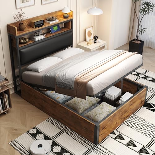 Kebnor Bettrahmen mit hydraulischem Hubmechanismus, USB, gepolstertem Kopfteil, Retro-Holz- und Metalldesign, versteckte Stauraumschicht Einzelbett Moderne Schlafzimmermöbel (Schwarz, 90 x 200cm) von Kebnor