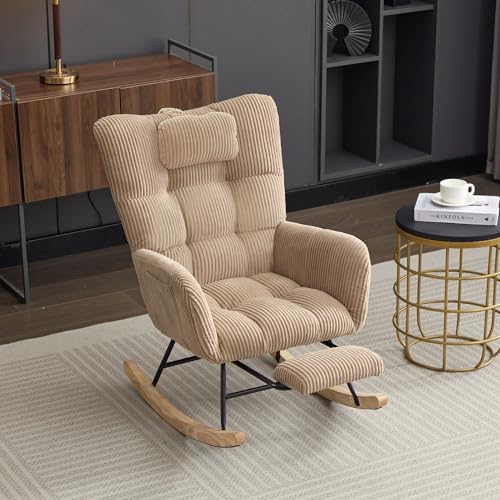 Kebnor Brauner Schaukelstuhl, moderner gepolsterter hochwertiger Stoff Kinderzimmer-Gleitstuhl mit gepolstertem Sitz, hoher Rückenlehne, Sessel und unsichtbarer, Mit Nackenkissen von Kebnor