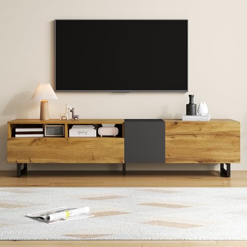 Kebnor Colorblock-TV-Schrank, einfaches Kontrastfarbdesign, DREI Türen und Zwei Fächer, U-förmige Metallbeine, Retro-Holzmaserung Kebnor Colorblock-TV-Schrank, einfaches Kontrastfarbdesign, DREI Türen und Zwei Fächer, U-förmige Metallbeine, Retro-Holzmaserung von Kebnor