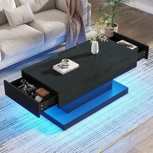 Kebnor Couchtisch, Wohnzimmertisch mit 2 Schubladen, Hochglanz Beistelltisch,kaffeetisch mit LED-Lichtleiste,Schwarzer Teetisch im schlichten Design 100 * 50 * 45cm von Kebnor