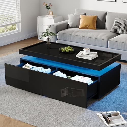 Kebnor Couchtisch,Wohnzimmertisch mit LED, kaffeetisch mit 2 Schubladen, Hochglanz Sofatisch,moderner minimalistischer Tisch,Beistelltisch mit geometrischem Design 95 * 45 * 35cm (Schwarz) von Kebnor