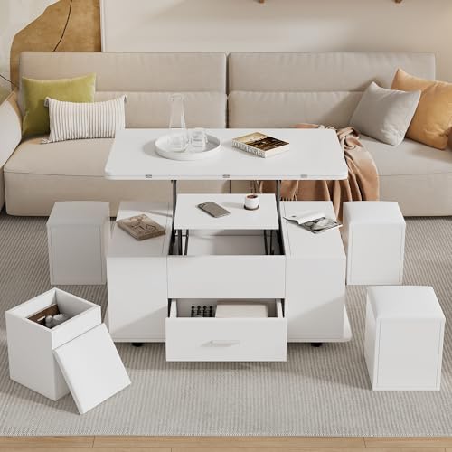 Kebnor Couchtisch Höhenverstellbar,Beweglicher Sofatisch, 4-in-1-Multifunktions-Couchtisch Umwandelbar in Wohnzimmer-Esstisch,Couchtisch mit Schubladen, mit 4 Hockern,Weiß von Kebnor
