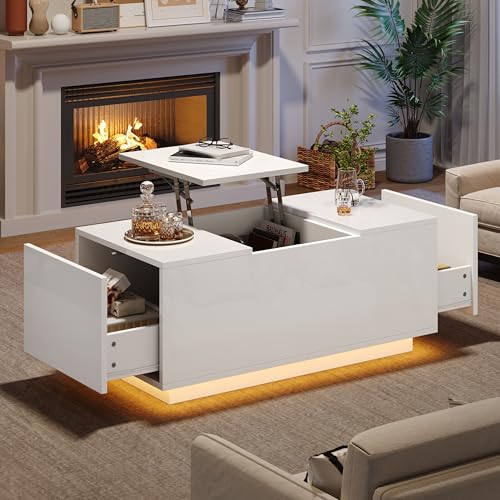 Kebnor Couchtisch mit Hebeplatte, höhenverstellbar ausziehbar, Lift-Top-Tisch. Wohnzimmertisch mit 2 Schubladen, Sofatisch mit LED,Multifunktionaler Lift-up-Kaffeetisch, 95 * 48 * 40cm (Weiß) von Kebnor