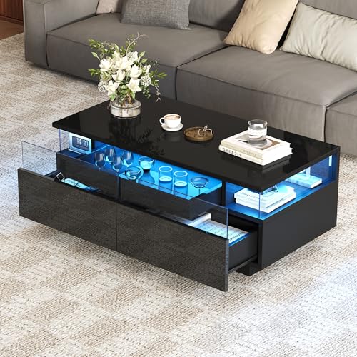 Kebnor Couchtisch mit Tablett, Hochglanz-Couchtisch fürs Wohnzimmer, Sofatisch mit 2 Schubladen, tragender Beistelltisch aus gehärtetem Glas, kaffeetisch mit LED-Licht, 90 * 45 * 35.5 cm (Schwarz) von Kebnor
