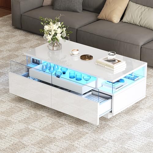 Kebnor Couchtisch mit Tablett, Hochglanz-Couchtisch fürs Wohnzimmer, Sofatisch mit 2 Schubladen, tragender Beistelltisch aus gehärtetem Glas, kaffeetisch mit LED-Licht, 90 * 45 * 35.5 cm (Weiß) von Kebnor