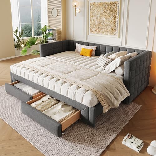 Kebnor Daybett, Tagesbett, 90 x 200cm, Sofabett mit quadratischer Rückenlehne, ausziehbares Bett (ausziehbar auf 180 Queensize), 2 Schubladen, ohne Matratze, Grau von Kebnor