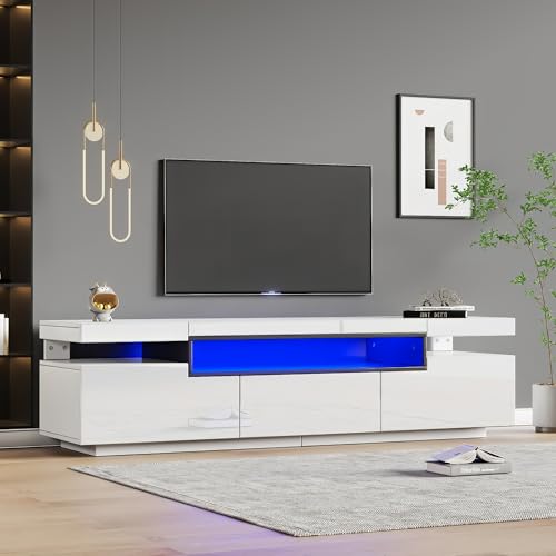 Kebnor Eleganter Hochglanz-TV-Schrank – Weiß mit 16 Farben LED-Beleuchtung – Platz für 70 Zoll Fernseher – Inklusive 3 Schubladen,Hochglanz-TV-Ständer 160x39x42cm von Kebnor