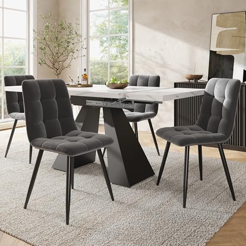 Kebnor Essgruppe (5-TLG),Esstisch-Set, Ausziehbares Esstischset für 4 Personen,160×80×75cm Esstisch mit 4 Esszimmerstühlen,Grauer Samt-Esszimmerstuhl (Weißer Esstisch) von Kebnor