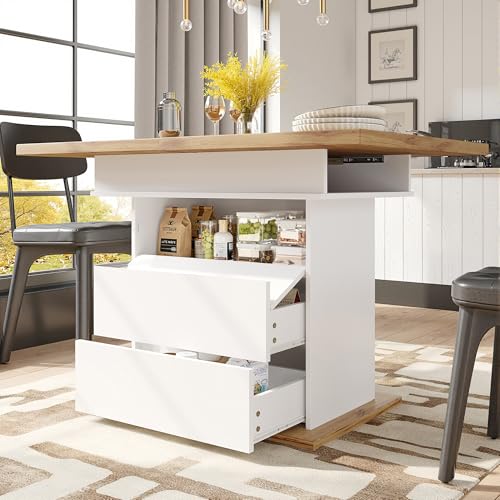 Kebnor Esstisch Teleskoptisch(110-140×80cm), klappbarer Küchentisch für 4-6 Personen, Ausziehbarer,platzsparender Küchentisch,für Küche und Wohnzimmer,Esstisch mit DREI Ablageebenen (weiß) von Kebnor