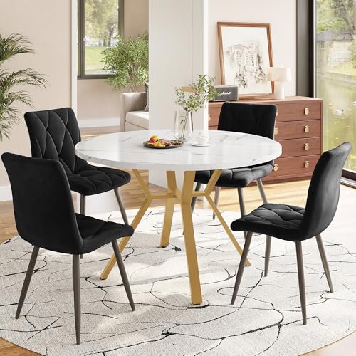 Kebnor Esstisch- und Stuhlset (5-teilig), modernes, Schlichtes rundes Esstisch- und Stuhlset aus Marmor, Tischbeine aus Metall + 4 Stühle aus Wildleder (Goldfarbene Tischbeine + Schwarze Stühle) von Kebnor