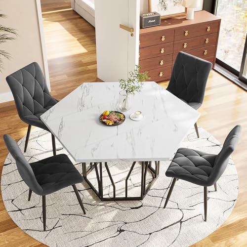 Kebnor Esstisch- und Stuhlset (5-teiliges Set), sechseckiger Marmor-Esstisch + 4 Esszimmerstühle aus Samt, um EIN warmes Restaurant zu schaffen (grauem Esszimmerstühle+Schwarz Tischbeine) von Kebnor