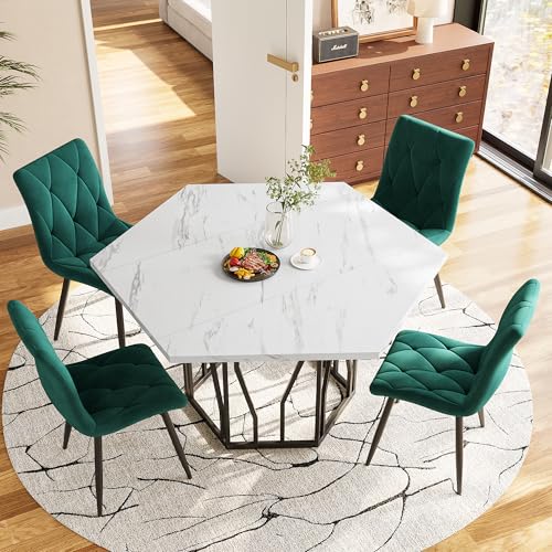 Kebnor Esstisch- und Stuhlset (5-teiliges Set), sechseckiger Marmor-Esstisch + 4 Esszimmerstühle aus Samt, um EIN warmes Restaurant zu schaffen (grünem Esszimmerstühle+Schwarz Tischbeine) von Kebnor