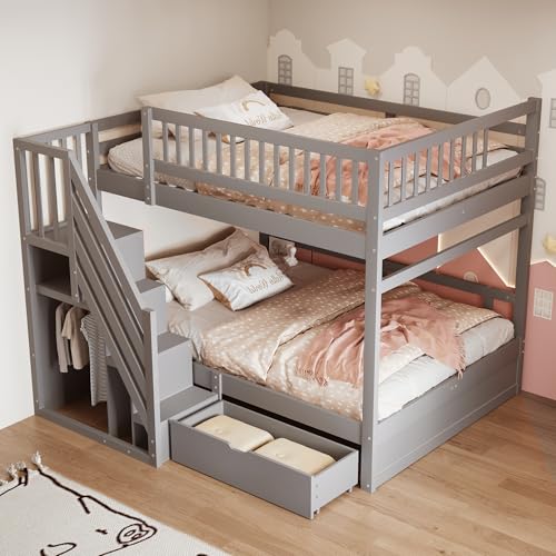 Kebnor Etagenbett Aus Massivholz, Mit Hohem Sicherheitsgitter, Mit Lattenrost, Sicherheitsleiter mit Stauraum, Mit Stauschubladen, Kinderbett Jugendbett (Grau, 140 * 200cm) von Kebnor