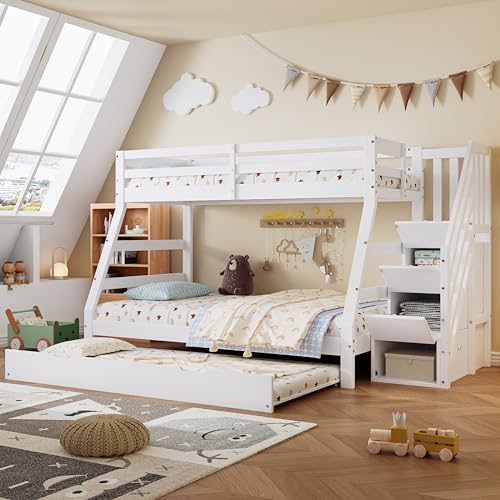 Kebnor Etagenbett mit Rollbett, Kinderbett mit Leiterschrank und Handlauf, mit Fallschutzgitter an Allen Seiten, Kiefer+MDF, Weiß, 90x190CM Rollbett, 90/120x200CM von Kebnor