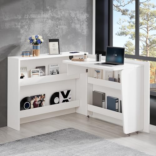 Kebnor Faltbarer Schreibtisch mit Rollen & Wireless Charger–2-in-1 Sideboard & Arbeitsplatz,115×27×93 cm geschlossen, 95×51cm Tischfläche, mit Regal & Anti-Kipp,Rollen mit Bremse (Weiß) von Kebnor