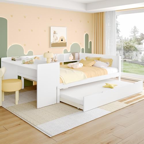 Kebnor Flachbett, Holzbett, mit Schreibtisch, mit Rollbett, Doppelbett, mit Regalen, Kiefer+Spanplatte(Ohne Matratze) (weiß(mit Rollbett), 140x200cm) von Kebnor