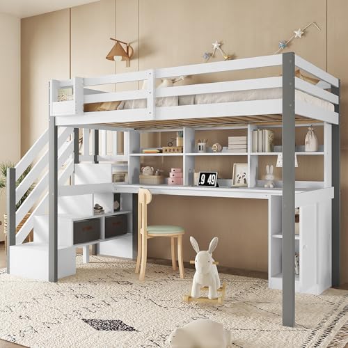 Kebnor Halbhohes Bett, Mit Stoff-Aufbewahrungsbox, Reichlich Stauraum, Mit seitlicher Leiter, Offenes Regal, Jugendbett mit Schreibtisch und Schließfächern, Kiefer+MDF, Weiß+Grau, 90x200cm von Kebnor