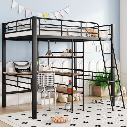 Kebnor Hochbett, 90 * 200cm, ohne Matratze, Bett mit Schreibtisch, Mehrere Regale, Geländer, Leiter, Eisenrahmen (Schwarz) von Kebnor