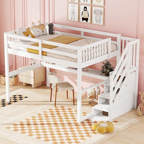 Kebnor Hochbett,Kinderhochbett mit Stauraumschubladen und Unterbettschreibtisch, Weiß (140x 200 cm) von Kebnor