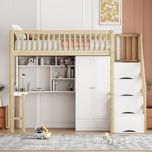Kebnor Hochbett mit großem Kleiderschrank Regal und Tisch, Stauraum Treppe Mehrzweckbetteinheit Holzbettgestell 90 x 200cm (Holzfarbe) von Kebnor
