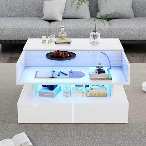 Kebnor Höhenverstellbarer Kaffeetisch mit Verstecktem Stauraum und 2 Schubladen,Sofatisch mit LED-Leuchten,Hochglanz-Wohnzimmer-Beistelltisch,Wohnzimmertisch aus gehärtetem Glas,80 * 80 * 45cm (Weiß) von Kebnor