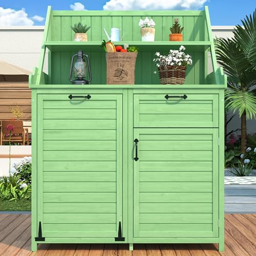 Kebnor Holz Gartenschrank,Gartenschrank mit Regalen Outdoor Schrank, Gartenschrank Geräteschuppen Terrassenschrank, Balkonschrank, Gerätehaus, Garten Möbel (Grün（Typ 2）) von Kebnor