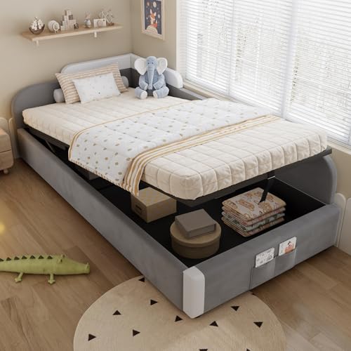 Kebnor Hydraulisches Bett mit Stauraum, Erhöhter weicher Zaun, Aufbewahrungstasche am Fußende des Bettes,Samt+Sperrholz,90x200cm (Grau Rechte Seitenplatte) von Kebnor