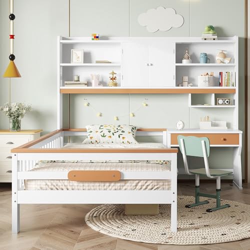 Kebnor Kinderbett, mit Stauraumschrank, mit Tisch und Schubladen, Mit Schutzplatte und Lattenroste, L-Struktur, Weiß+Natur, Kiefer+MDF+Mehrschichtplatte, 90x200cm von Kebnor