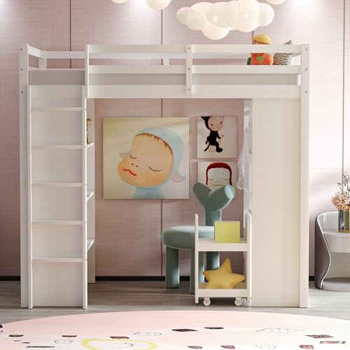 Kebnor Kinderhochbett, Mit Mehrstufigen Regalen, Mit Einfachen Kleiderbügeln und Ablagefächern, Mit 1 Herausnehmbaren Organisationswagen, Viel Stauraum, Jugendbett, Einzelbett 90 * 200 cm (Weiß) von Kebnor