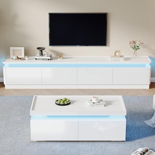 Kebnor Moderne, minimalistische, weiße Hochglanz-TV-Schrank-Couchtisch-Kombination: mit LED-Leuchten + 4 Schubladen, geeignet für 75-Zoll-Fernseher Kebnor Moderne, minimalistische, weiße Hochglanz-TV-Schrank-Couchtisch-Kombination: mit LED-Leuchten + 4 Schubladen, geeignet für 75-Zoll-Fernseher von Kebnor