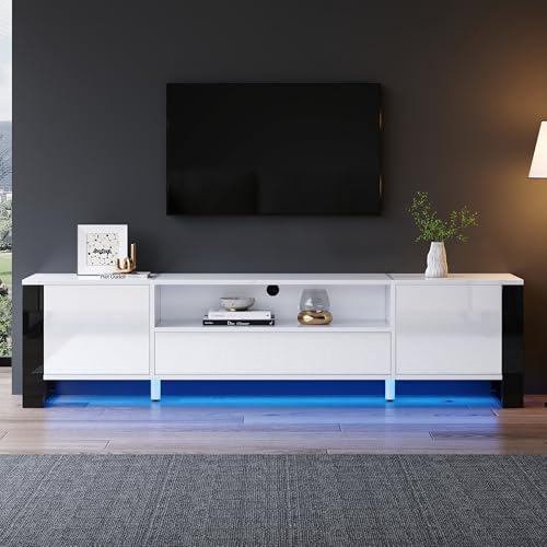 Kebnor Moderner Hochglanz-TV-Schrank in Weiß mit LED-Beleuchtung und Stauraum 178 cm, für bis zu 70-Zoll-TVs von Kebnor