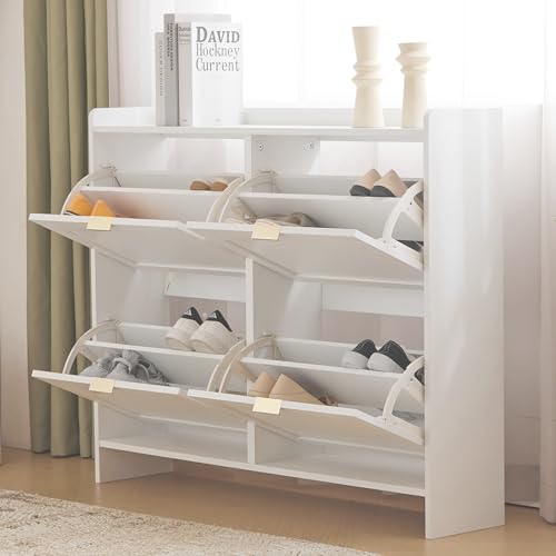 Kebnor Moderner Schuhschrank, mit 4 Klappenfächern, freistehendem Schuhregal, offenen Ablageflächen, geeignet für Eingangsbereich oder Flur, Maße: B110/H90/T24 cm (Weiß) von Kebnor