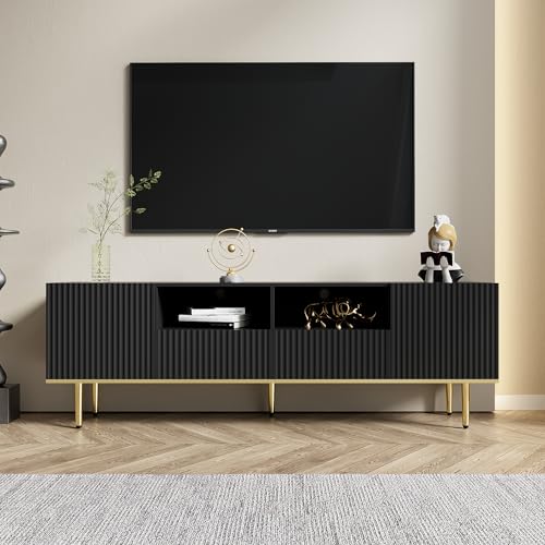 Kebnor Moderner TV-Schrank, TV-Möbel mit goldenen Füßen und goldenem Rand Beschreibung (Schwarz) von Kebnor
