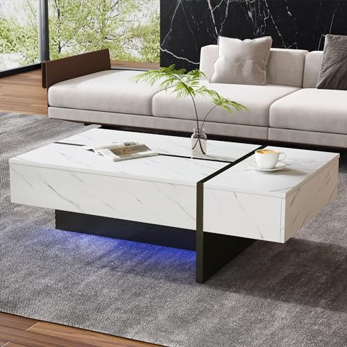 Kebnor Moderner weißer Couchtisch mit LED-Beleuchtung, Marmormuster, Hochglanz Tischplatte - Unregelmäßiges Design Couchtisch, Sideboard für Wohnzimmer 105 * 60 * 35cm von Kebnor