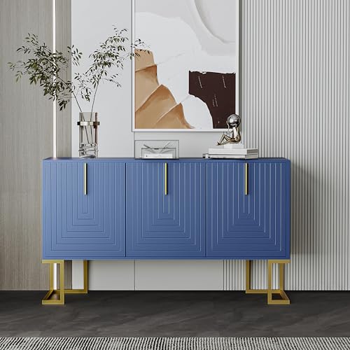 Modernes 3-türiges Sideboard mit verstellbaren Regalen, U-förmigen Schranktüren und Metallgriffen und Sockel für Esszimmer und Küche (Navy blau) von Kebnor