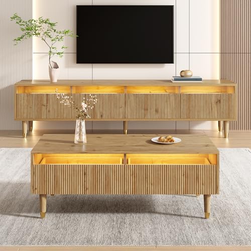 Kebnor Modernes LED-Möbelset: TV-Schrank mit 4 Türen & Couchtisch mit 2 Schubladen – Holzfarben-Gold Design, LED-Beleuchtung, Wellenstruktur & Acrylfront (Möbelset 110x50x40/178x35Bx45cm) von Kebnor