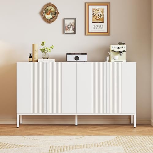 Kebnor Modernes Sideboard mit einzigartiger Linie, 4-türig, grifflose Tür, für Esszimmer, Wohnzimmer und Küche (Weiß) von Kebnor