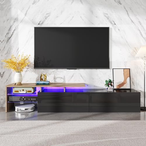 Kebnor Modernes TV-Schrank-Design: stilvoll und elegant, praktischer Stauraum, Hochglanz, Holzoptik, Glasböden, LED-Beleuchtung (Hochglanzschwarz) von Kebnor
