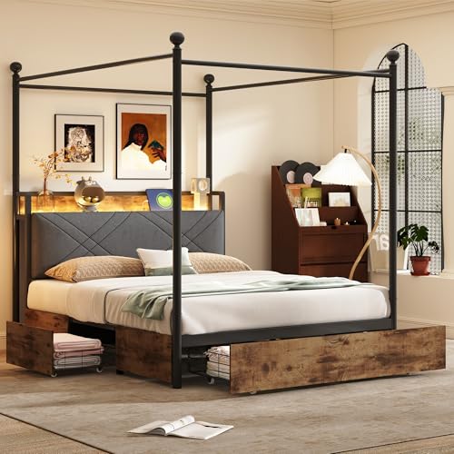 Kebnor Multifunktionales Bett,mit Stauraum und schmiedeeisernem Baldachin,mit abnehmbaren Bettpfosten mit LED und USB-/Typ-C-Ladeanschlüssen,Eiseneinzelbett. (schwarz Zwei Schubladen, 140 * 190cm) von Kebnor