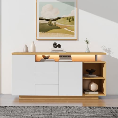 Kebnor Multifunktionales Sideboard, Länge 140 cm, weiß und Holzimitat - 2 Türen, 3 Schubladen, 2 offene Fächer, mit LED-Beleuchtung von Kebnor