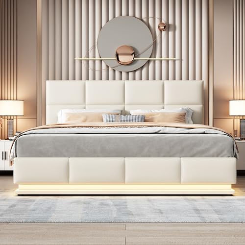 Kebnor Polsterbett 180x200 cm mit LED Beleuchtung & Hydraulisch anhebbarer Bettstauraum,Bettkasten & Lattenrost Bezug aus Kunstleder Doppelbett Erwachsenen Jugendbett(Ohne Matratze) (Beige) von Kebnor