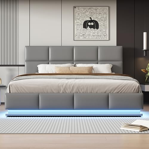 Kebnor Polsterbett 180x200 cm mit LED Beleuchtung & Hydraulisch anhebbarer Bettstauraum,Bettkasten & Lattenrost Bezug aus Kunstleder Doppelbett Erwachsenen Jugendbett(Ohne Matratze) (Hellgrau) von Kebnor