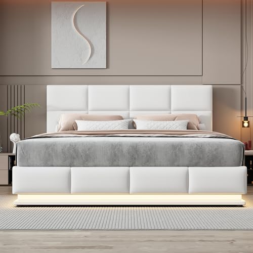 Kebnor Polsterbett 180x200 cm mit LED Beleuchtung & Hydraulisch anhebbarer Bettstauraum,Bettkasten & Lattenrost Bezug aus Kunstleder Doppelbett Erwachsenen Jugendbett(Ohne Matratze) (Weiß) von Kebnor