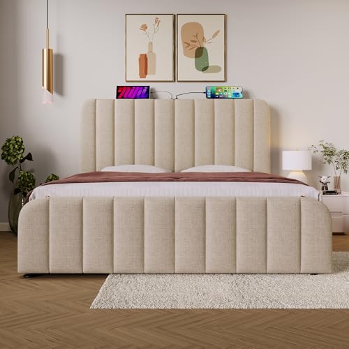 Kebnor Polsterbett Einzelbett, gepolstertes Kopfteil mit goldenen Zierstreifen und,USB Typ-C Ladefunktion, Beige Leinen-Material Hydraulisches Lagerbett (Ohne Matratze) (140 * 200 cm) von Kebnor