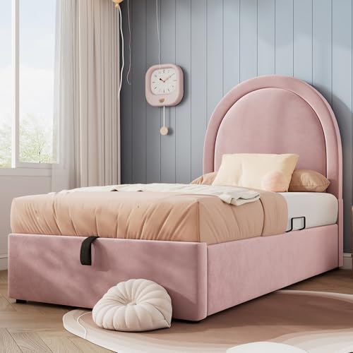 Kebnor Polsterbett Kinderbett,Einzelbett mit kosmischem Muster, Samt für Jungen & Mädchen (Ohne Matratze) (Rosa, 90 x 200 cm) von Kebnor