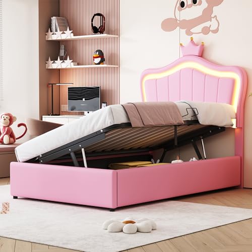Kebnor Polsterbett Kinderbett 90x200 cm, Mit Kronendesign, Mit LED-Beleuchtung, Hydraulisches Stauraumbett, Höhenverstellbares Kopfteil, Einzelhochboxbett mit Lattenrost, Kunstleder (Rosa) von Kebnor