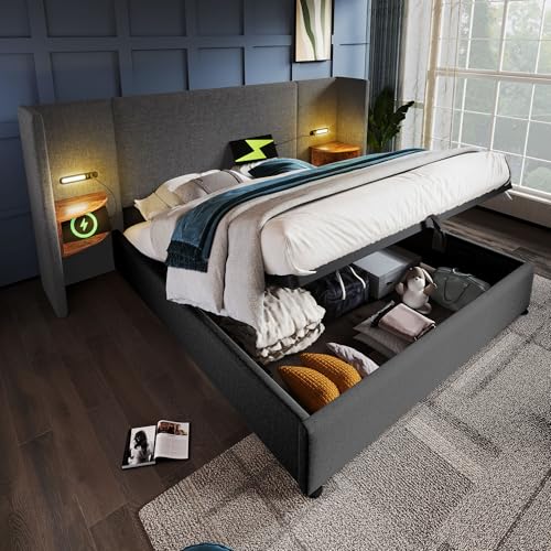 Kebnor Polsterbett mit Nachttisch, Leselampe und USB Type-C Ladefunktion, Bettanlage Stauraumbett Bettgestell mit Lattenrost aus Massivholz und Metall(Ohne Matratze) (Grau（Leinen）, 180×200cm) von Kebnor
