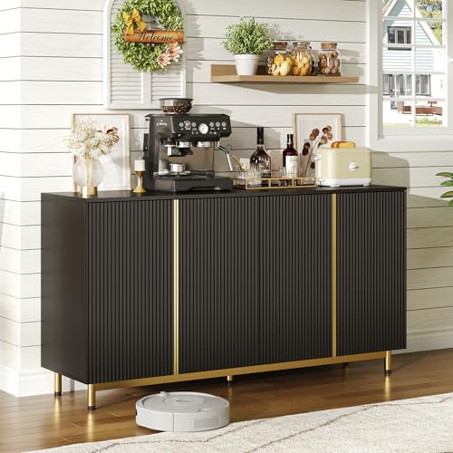 Kebnor Sideboard, 150 cm, Buffetschrank mit wellenförmigen, geriffelten Türen, verstellbaren Metallfüßen, modernem Esstisch, kippsicher, geeignet für Esszimmer, Küche und Wohnzimmer – schwarz von Kebnor
