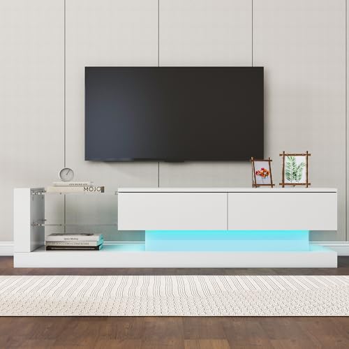Kebnor Stilvoller weißer Hochglanz-TV-Schrank - 1,4 Meter lang, 16-farbige LED-Beleuchtung, 60 Zoll TV-Fläche - EIN Möbelstück, das Eleganz und Funktionalität vereint von Kebnor
